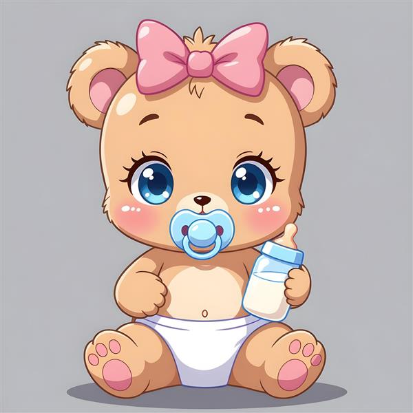 خرس عروسکی نوزاد با پستانک آبی و شیشه شیر