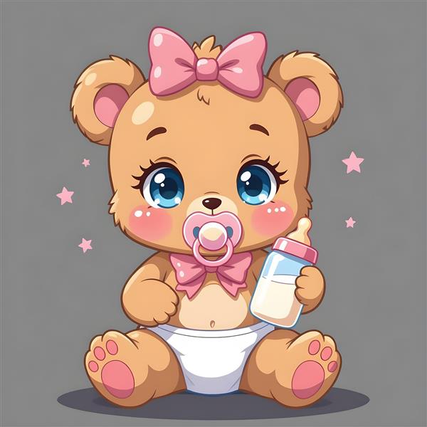 خرس عروسکی نوزاد با پستانک و پاپیون صورتی و شیشه شیر