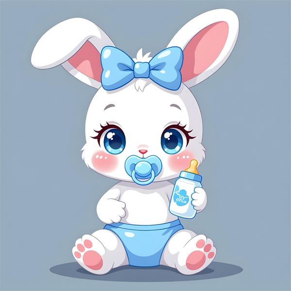 خرگوش نوزاد با پستانک و پاپیون آبی و شیشه شیر