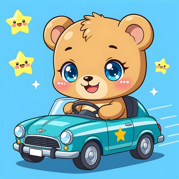 خرس عروسکی سوار بر ماشین آبی کلاسیک