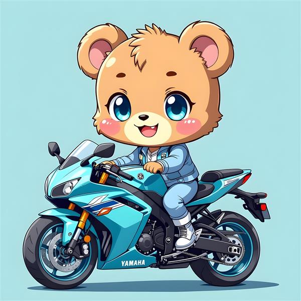 خرس عروسکی موتورسوار با موتور آبی فیروزه‌ای