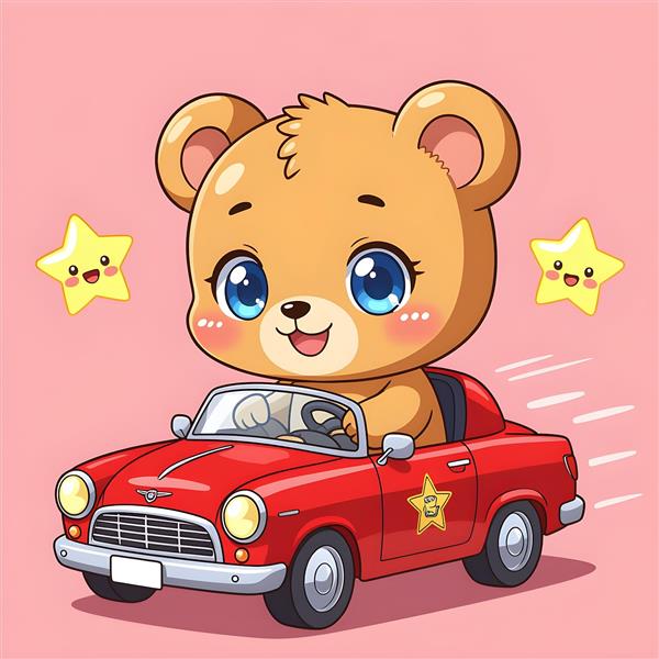 خرس عروسکی سوار بر ماشین قرمز کلاسیک