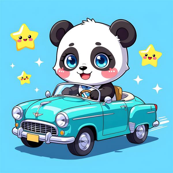 پاندا کارتونی سوار بر ماشین آبی کلاسیک