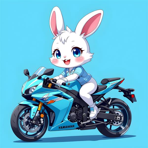 خرگوش موتورسوار با موتور آبی فیروزه‌ای بدون کلاه