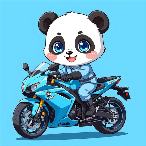 پاندا موتورسوار با موتور آبی فیروزه‌ای