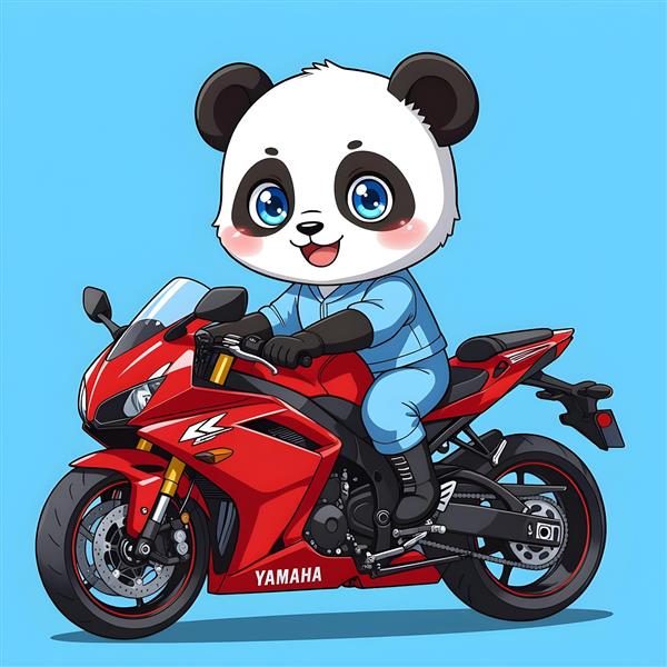 پاندا موتورسوار با موتور قرمز مسابقه‌ای