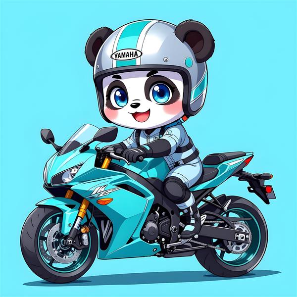 پاندا موتورسوار با موتور آبی فیروزه‌ای