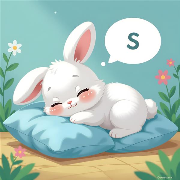 خرگوش کارتونی خوابیده روی بالشت با گل و حباب حرف S