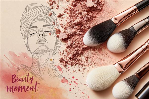 پوستر دیواری سالن زیبایی زنانه با طراحی چهره هنری و برس‌های آرایشی لوکس
