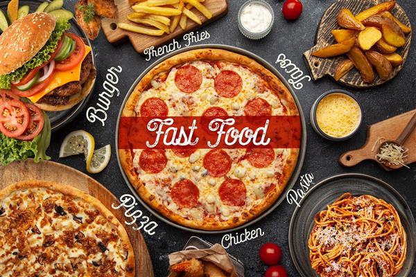 پوستر دیواری و کاغذ دیواری فست فود پیتزا با زمینه سیمانی و نوشته های فست فود