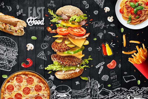 پوستر دیواری همبرگر فست فود 3d با زمینه مرتبط