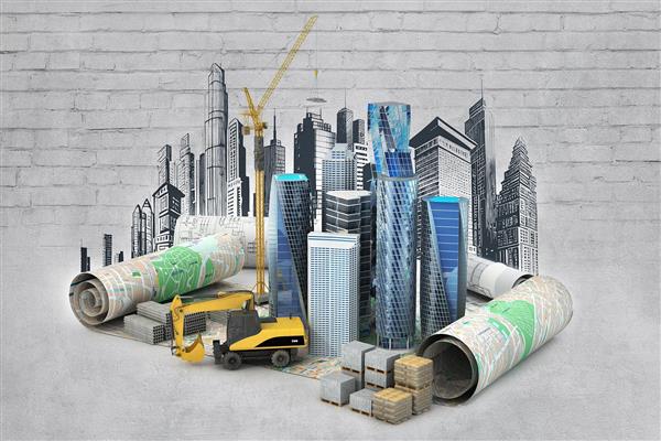 پوستر دیواری برج های سه بعدی دفتر املاک با زمینه آجری