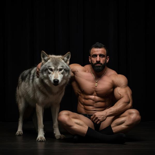 عکس هنری هادی چوپان نشسته در کنار گرگ خاکستری