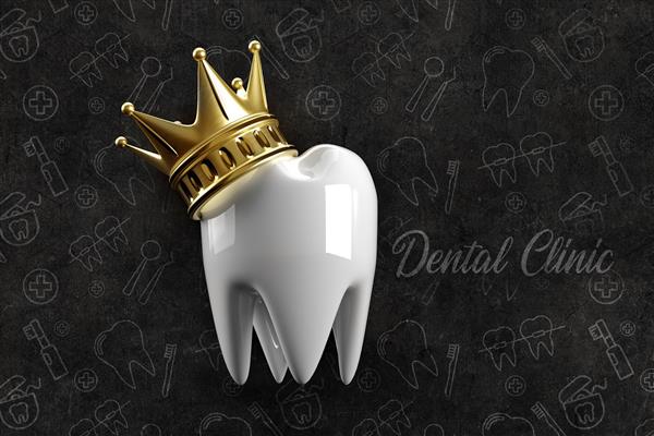 پوستر 3d دندان پزشکی مشکی طلایی با تصویر دندان و تاج