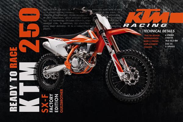 پوستر دیواری موتور کراس جذاب KTM 250 با تم رنگی مشکی نارنجی و مشخصات انجین