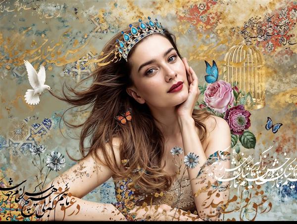 طرح تابلو دیجیتال زن با تاج فیروزه‌ای، کبوتر و پروانه