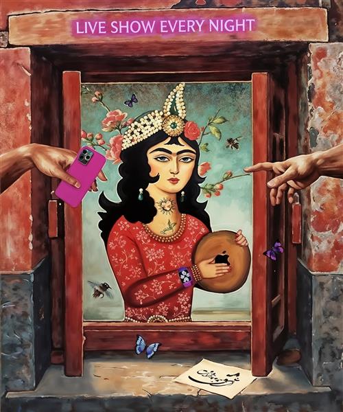 نقاشی زن قاجاری با ساز سنتی در قاب هنری
