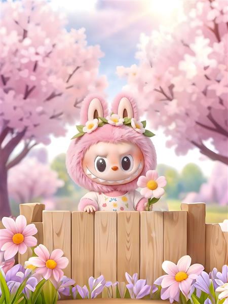 طرح لبوبو میان شکوفه‌های بهاری برای چاپ تابلو، پوستر و وسایل اتاق کودک