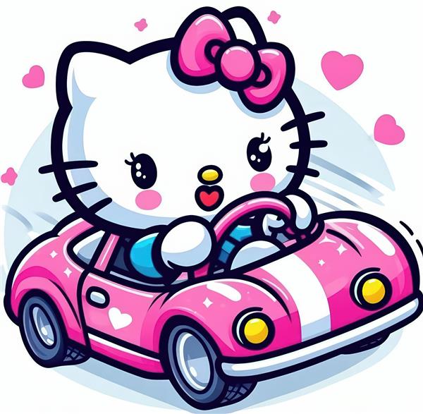 هلو کیتی در ماشین صورتی
