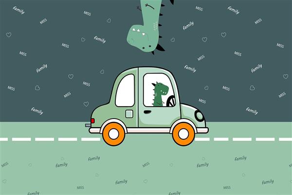 پوستر دیواری پسرانه طرح دایناسور در حال ماشین سواری