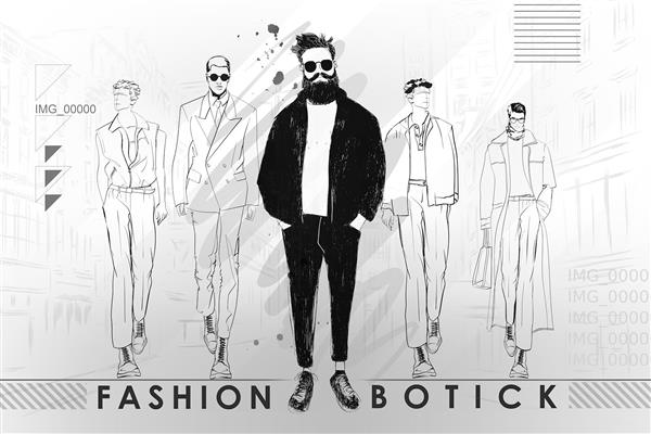 پوستر دیواری بوتیک مردانه استایل مردانه کلاسیک با تم رنگی سیاه سفید