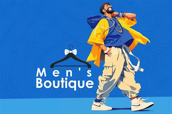 پوستر دیواری سه بعدی بوتیک مردانه شیک با زمینه ابی جذاب و نوشته فشن