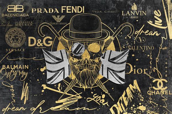 پوستر دیواری مشکی طلایی همراه با برند لباس مردانه و لوگوهای معروف