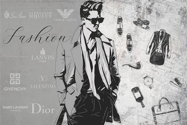 پوستر دیواری بوتیک ، لباس مردانه و مانکن با لوگو های معروف و نوشته فشن