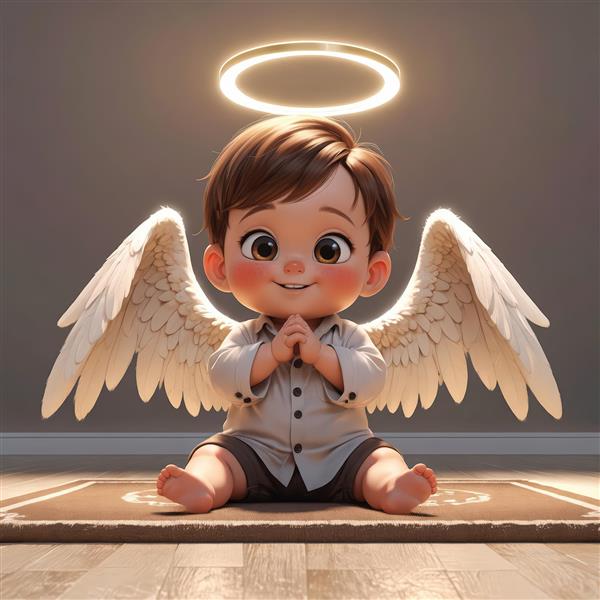 وکتور کودک فرشته پسر کارتونی، نشسته روی تشک قهوه‌ای، با هاله‌ی نور در محیطی آرام