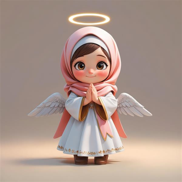 فرشته دختر کارتونی با حجاب صورتی و لباس سفید، ایستاده در حالت نیایش، طرح سه‌بعدی کودکانه