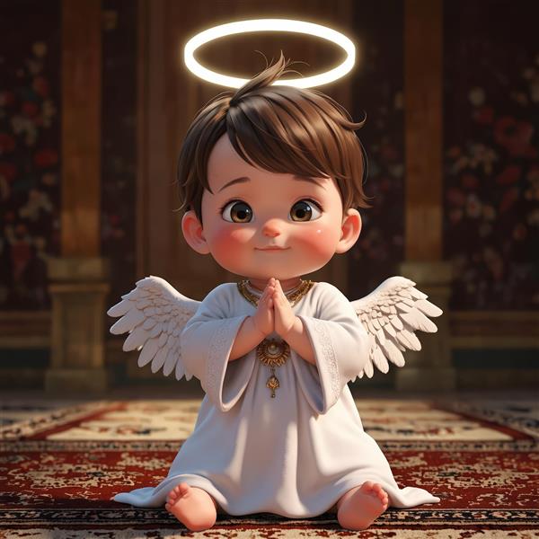 پوستر باکیفیت کودک فرشته پسر با لباس سفید و طلایی، نشسته در حال عبادت روی فرش قرمز