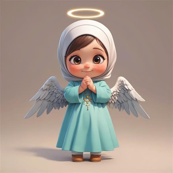 تصویر فرشته دختر کارتونی با حجاب سفید و لباس فیروزه‌ای، در حال دعا و ایستاده، طرح دکوراتیو مدرن