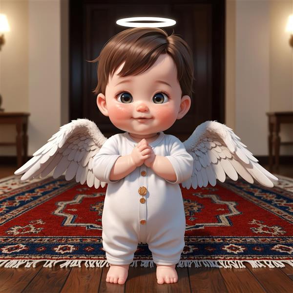 وکتور سه بعدی نوزاد فرشته پسر، ایستاده با لباس سرهمی سفید روی فرش سنتی، مناسب اتاق کودک