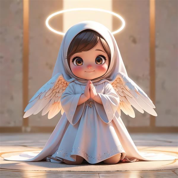 فرشته دختر کارتونی محجبه، زانو زده در حالت دعا با لباس سفید بلند، هاله‌ی نورانی، طرح مذهبی و دکوراتیو