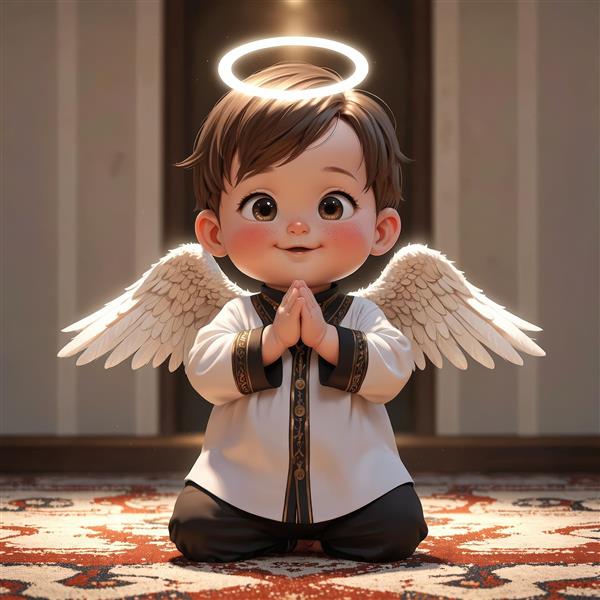 تصویر کودک فرشته پسر کارتونی، زانو زده در حال نیایش با لباس سفید و جزئیات طلایی، روی فرش ایرانی