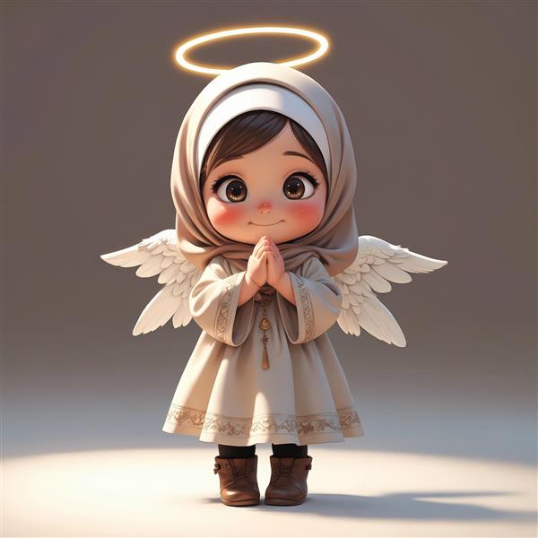 وکتور فرشته دختر کارتونی با حجاب بژ، لباس سفید و چکمه‌های قهوه‌ای، در حال نیایش با هاله‌ی طلایی