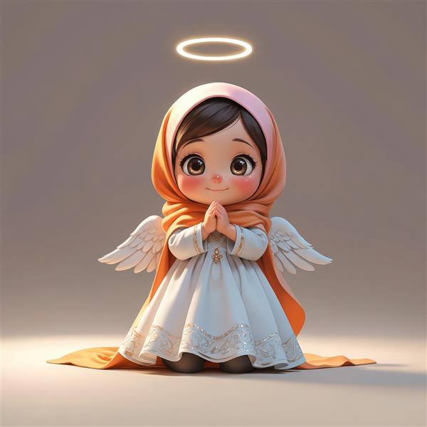فرشته دختر کارتونی با حجاب نارنجی و دامن سفید، در حالت دعا و زانو زده، طرح دکوراتیو با رنگ گرم
