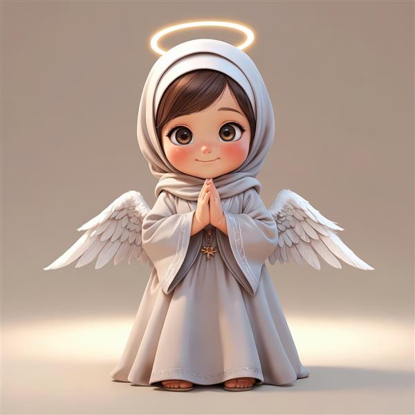 تصویر فرشته دختر کارتونی با حجاب خاکستری روشن، لباس ساده، در حال دعا، مناسب چاپ‌های عریض