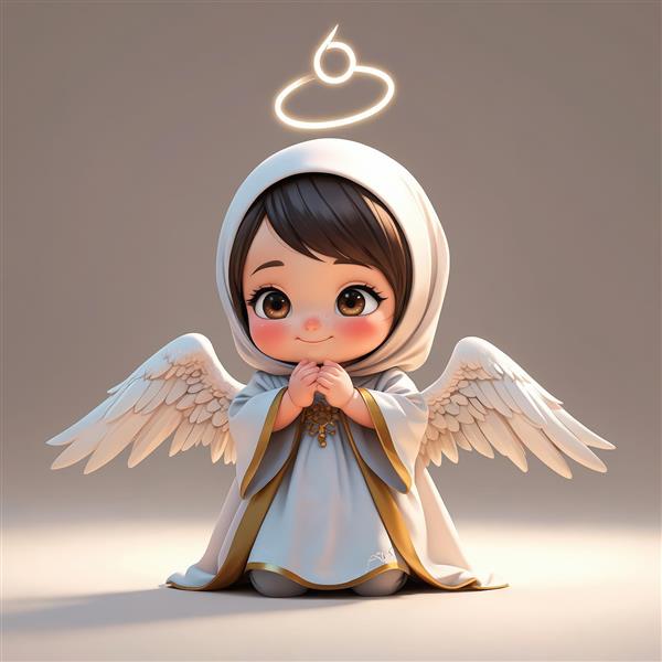 فرشته دختر کارتونی با حجاب سفید و جزئیات طلایی، هاله‌ی نور و دوایر، در حال نیایش، طرح سه‌بعدی باکیفیت
