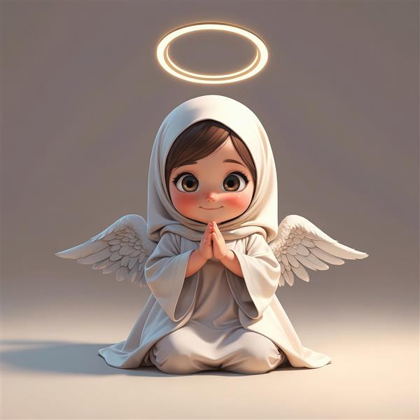 پوستر فرشته دختر کارتونی با حجاب سفید، در حالت عبادت (نشسته)، هاله‌ی نور ملایم، برای دکوراسیون مذهبی