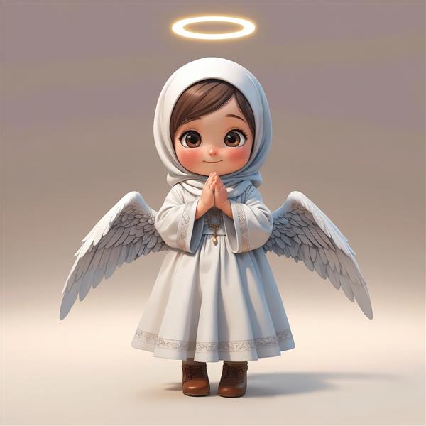 تصویر فرشته کودک کارتونی با حجاب کرم روشن، لباس سفید ساده و بوت قهوه‌ای، طرح سه‌بعدی کودکانه