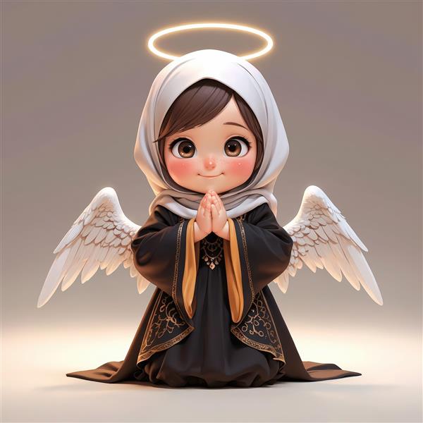تصویر فرشته دختر کارتونی در حالت نیایش با حجاب سفید و لباس مشکی فاخر، مناسب پوستر مذهبی