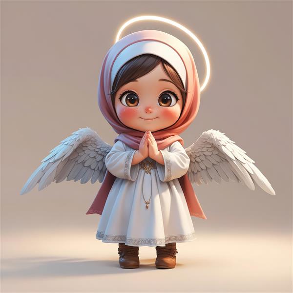 فرشته دختر کارتونی با حجاب صورتی کم‌رنگ، لباس سفید و هاله‌ی نور، وکتور سه بعدی با حس معنوی