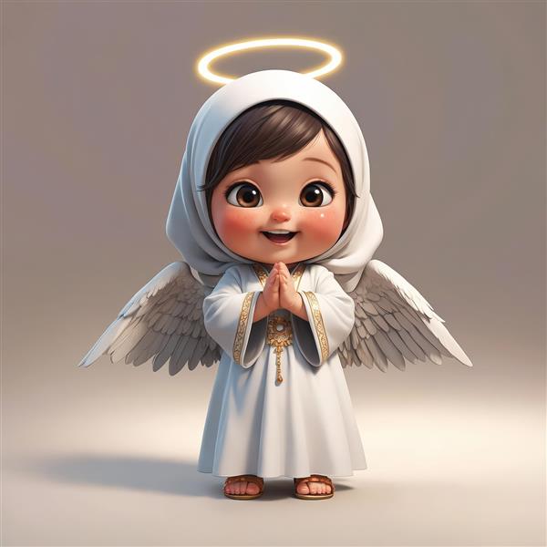 تصویر فرشته دختر کارتونی با حجاب سفید، لبخند شاد و هاله‌ی نور طلایی، طرح کودکانه و دکوراتیو