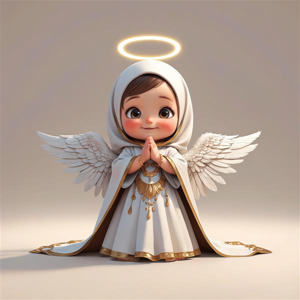 تصویر باکیفیت فرشته دختر با پوشش سفید و طلایی شبیه عبا، بال‌های زیبا و حالت نیایش، طرح مذهبی فاخر
