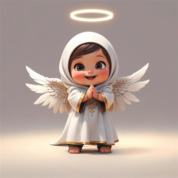 کارتون سه بعدی فرشته دختر با حجاب سفید و لباس مجلسی طلایی، هاله‌ی نور و لبخند شاد