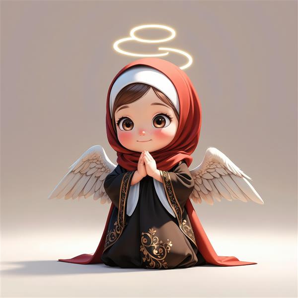 وکتور فرشته دختر کارتونی با حجاب قرمز و لباس مشکی و طلایی، در حال نیایش و هاله‌ی نور