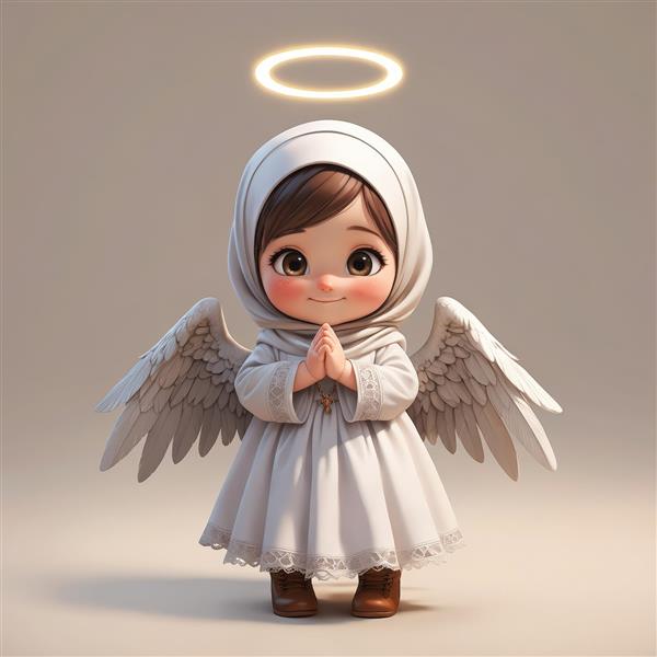 پوستر فرشته کارتونی دختر با حجاب و لباس سفید، در حال دعا و هاله‌ی نورانی، طرح مذهبی و دکوراتیو