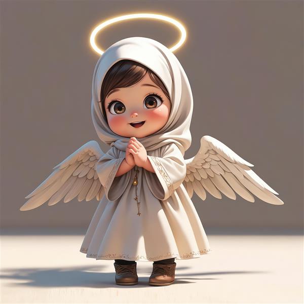 تصویر فرشته دختر کارتونی با حجاب سفید، بال‌های زیبا و هاله‌ی نور، طراحی سه بعدی کودکانه