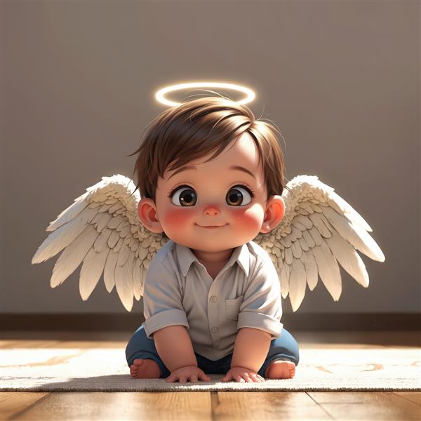 تصویر سه بعدی کودک فرشته پسر کارتونی شاد و خندان با بال‌های بزرگ و هاله‌ی نور طلایی